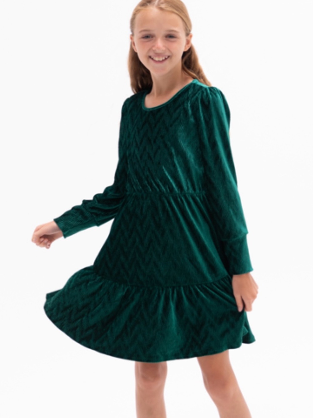 Rare Editions Emerald Green Textured Velvet Tiered Dress | EUC